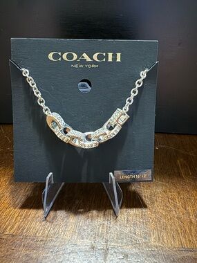 New COACH Signature C Link Silver Tone Pave Crystal Designer Chain Necklace